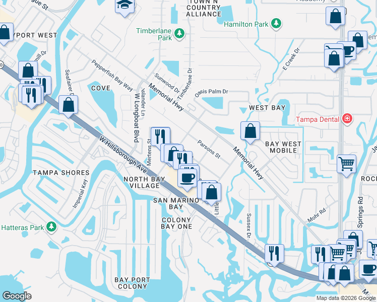 map of restaurants, bars, coffee shops, grocery stores, and more near 10013 Oslin Street in Tampa