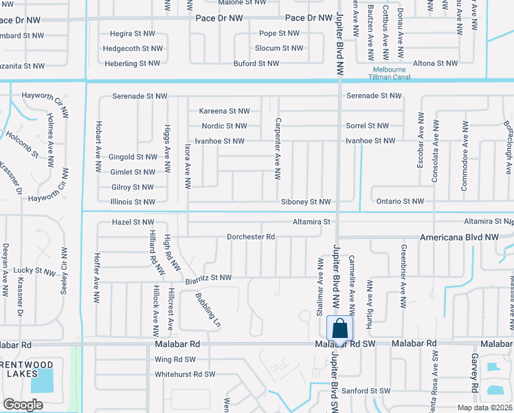map of restaurants, bars, coffee shops, grocery stores, and more near 1048 Siboney Street Northwest in Palm Bay