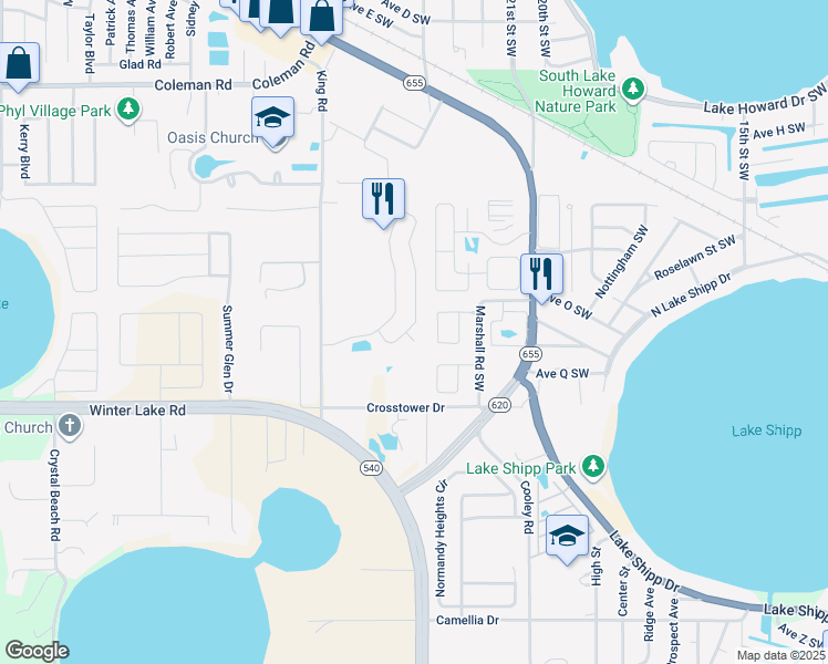 map of restaurants, bars, coffee shops, grocery stores, and more near 230 Crown Court in Winter Haven