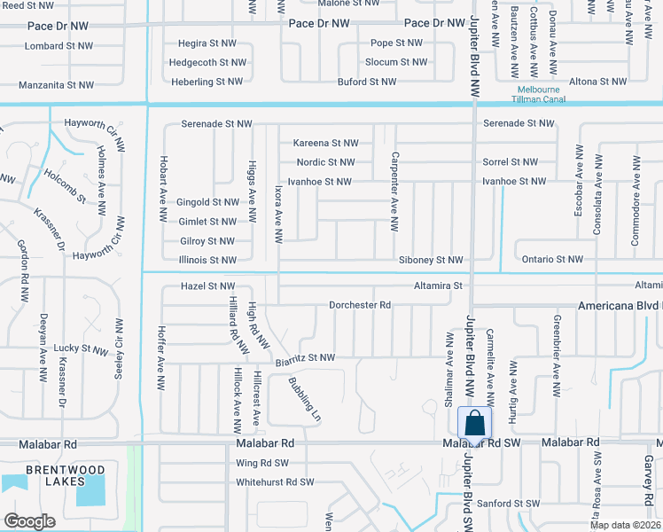 map of restaurants, bars, coffee shops, grocery stores, and more near 1084 Siboney Street Northwest in Palm Bay