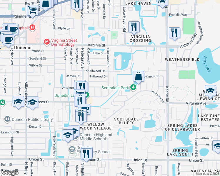 map of restaurants, bars, coffee shops, grocery stores, and more near 493 Pinewood Drive in Dunedin