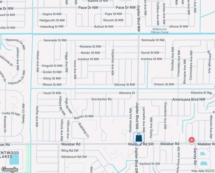map of restaurants, bars, coffee shops, grocery stores, and more near 1048 Siboney Street Northwest in Palm Bay