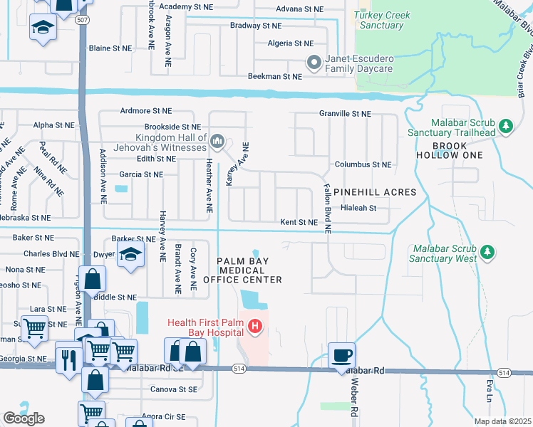 map of restaurants, bars, coffee shops, grocery stores, and more near 411 Buffum Avenue Northeast in Palm Bay