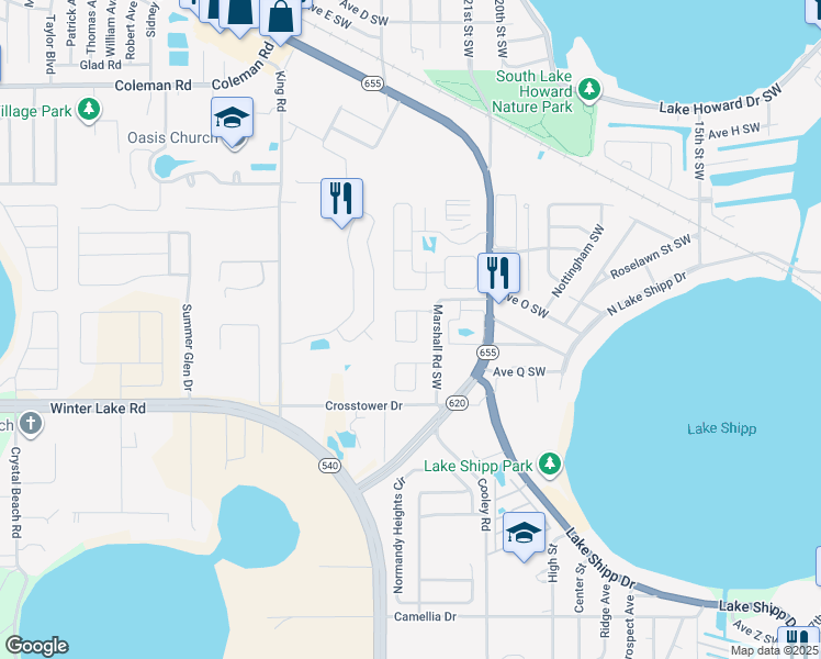 map of restaurants, bars, coffee shops, grocery stores, and more near 1605 High Point Ct SW in Winter Haven