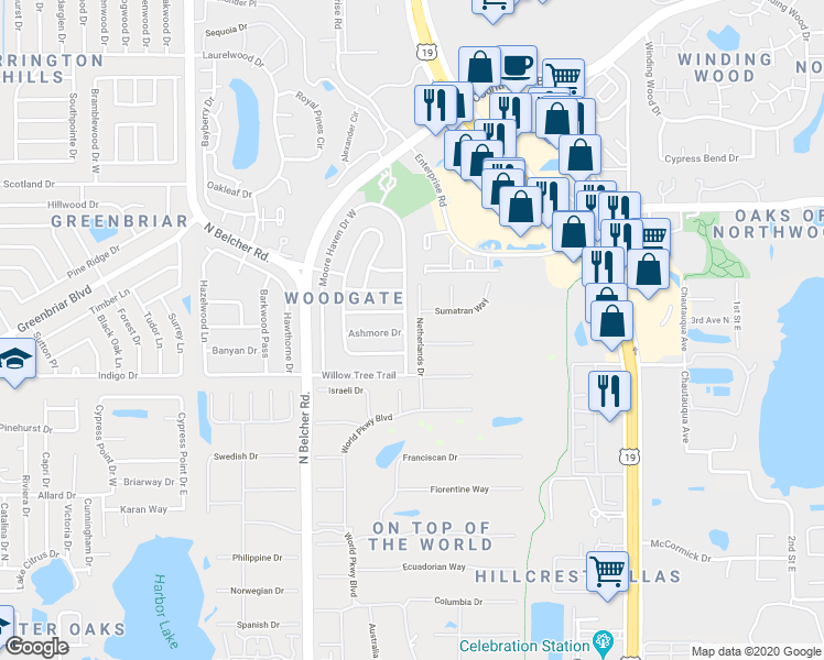 map of restaurants, bars, coffee shops, grocery stores, and more near 2353 Moore Haven Drive East in Clearwater