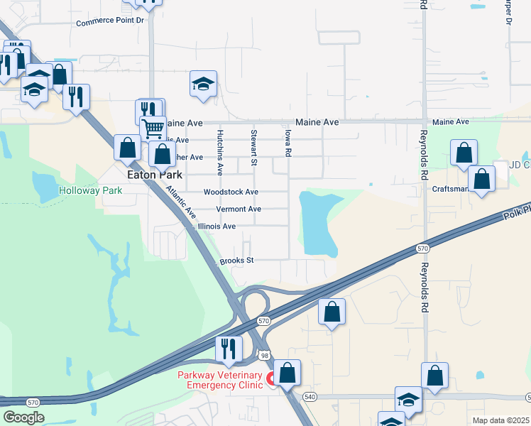 map of restaurants, bars, coffee shops, grocery stores, and more near 3134 Stewart Street in Lakeland