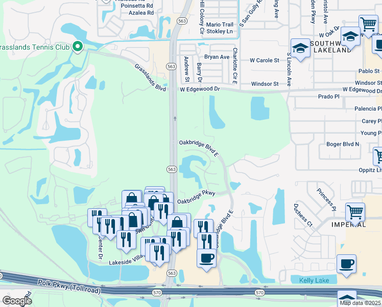 map of restaurants, bars, coffee shops, grocery stores, and more near 3125 Stonewater Drive in Lakeland