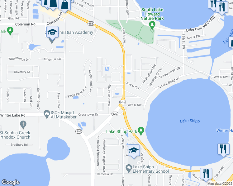 map of restaurants, bars, coffee shops, grocery stores, and more near 903 Evergreen Place Southwest in Winter Haven