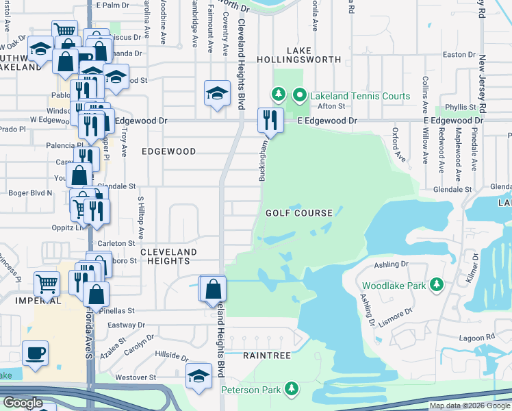 map of restaurants, bars, coffee shops, grocery stores, and more near 3123 Buckingham Avenue in Lakeland