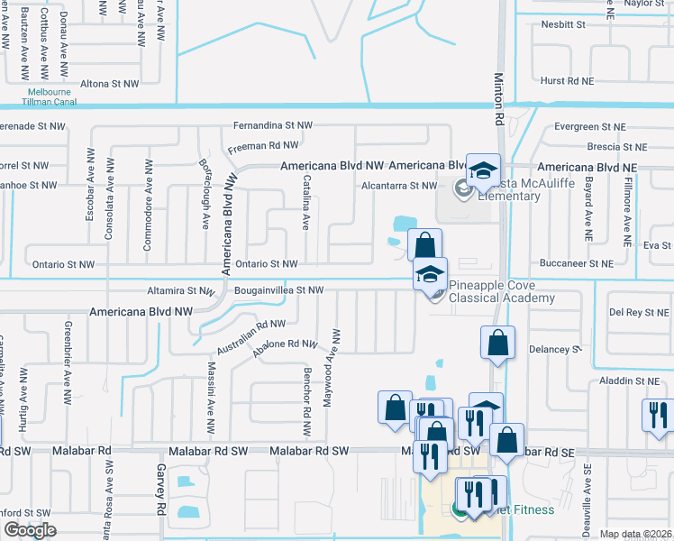 map of restaurants, bars, coffee shops, grocery stores, and more near 372 Ontario Street Northwest in Palm Bay