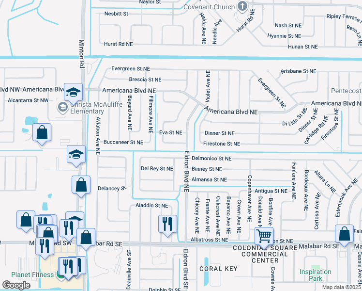 map of restaurants, bars, coffee shops, grocery stores, and more near 382 Cycle Street Northeast in Palm Bay