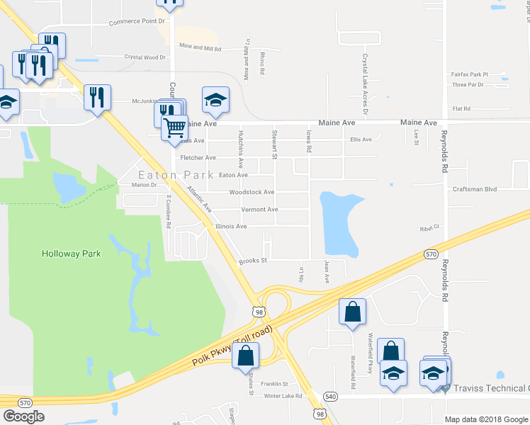 map of restaurants, bars, coffee shops, grocery stores, and more near 2837 Vermont Avenue in Lakeland