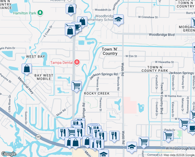 map of restaurants, bars, coffee shops, grocery stores, and more near 6412 Theresa Street in Tampa