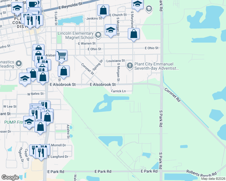 map of restaurants, bars, coffee shops, grocery stores, and more near 1318 Larrick Lane in Plant City