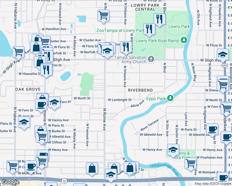 map of restaurants, bars, coffee shops, grocery stores, and more near 1510 West Le Compte Drive in Tampa
