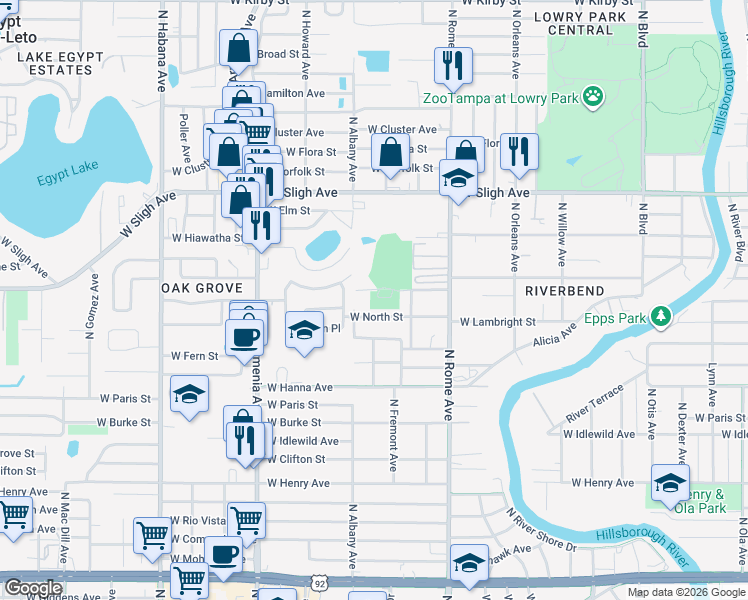 map of restaurants, bars, coffee shops, grocery stores, and more near 1926 West Diana Street in Tampa