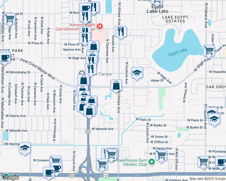 map of restaurants, bars, coffee shops, grocery stores, and more near 3631 Fountain Mist Drive in Tampa
