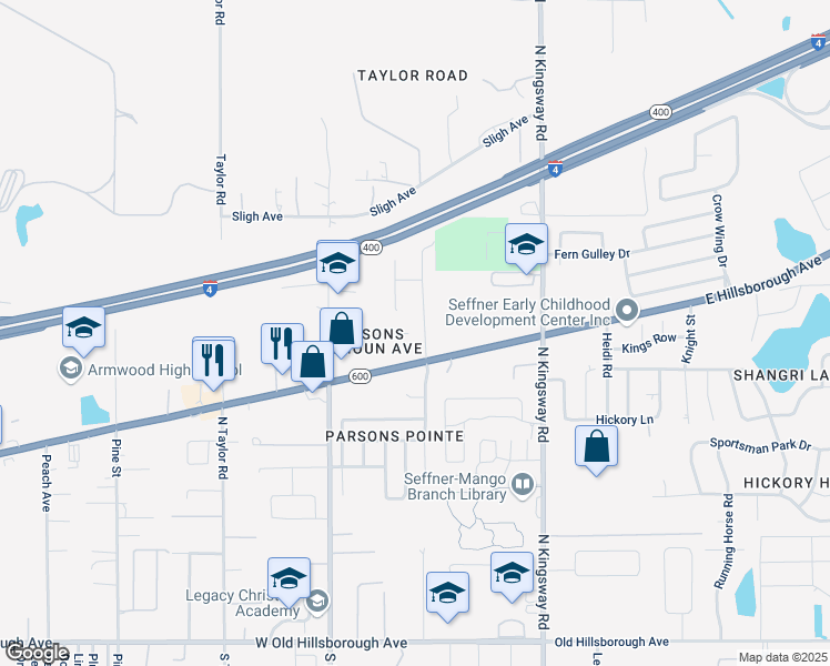 map of restaurants, bars, coffee shops, grocery stores, and more near 920 Brinwood Drive in Seffner