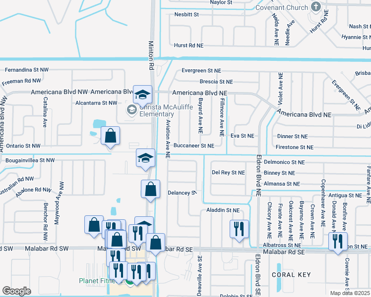 map of restaurants, bars, coffee shops, grocery stores, and more near 170 Buccaneer Street Northeast in Palm Bay