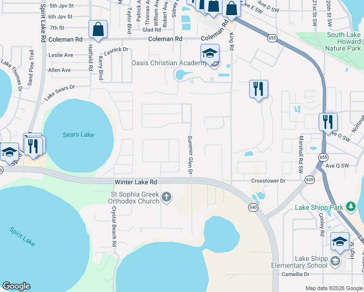 map of restaurants, bars, coffee shops, grocery stores, and more near 847 Summer Glen Drive in Winter Haven