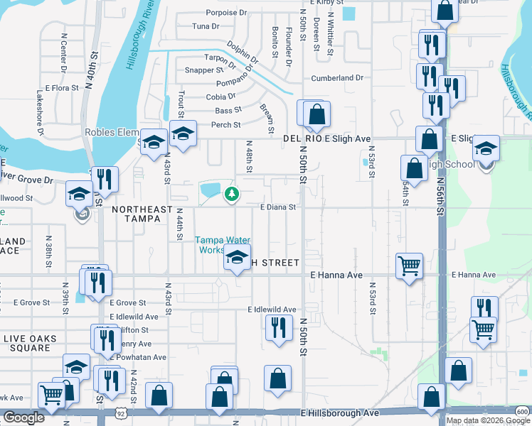 map of restaurants, bars, coffee shops, grocery stores, and more near 6422 North 49th Street in Tampa