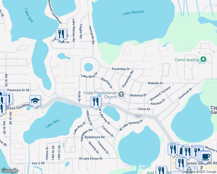 map of restaurants, bars, coffee shops, grocery stores, and more near 137 Alachua Drive in Cypress Gardens