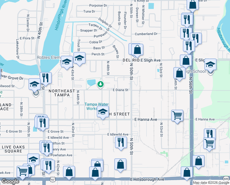 map of restaurants, bars, coffee shops, grocery stores, and more near 6422 North 49th Street in Tampa