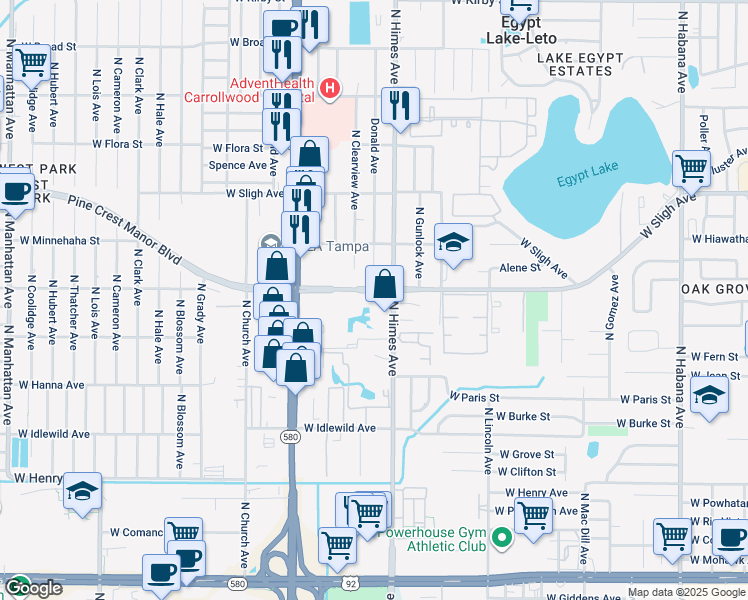 map of restaurants, bars, coffee shops, grocery stores, and more near 3631 Fountain Mist Drive in Tampa