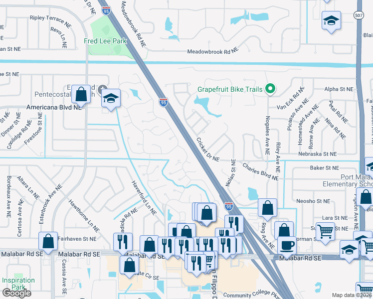 map of restaurants, bars, coffee shops, grocery stores, and more near 230 Holiday Park Boulevard Northeast in Palm Bay