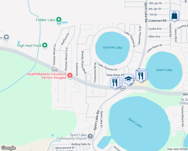 map of restaurants, bars, coffee shops, grocery stores, and more near 3223 Timberline Road in Winter Haven