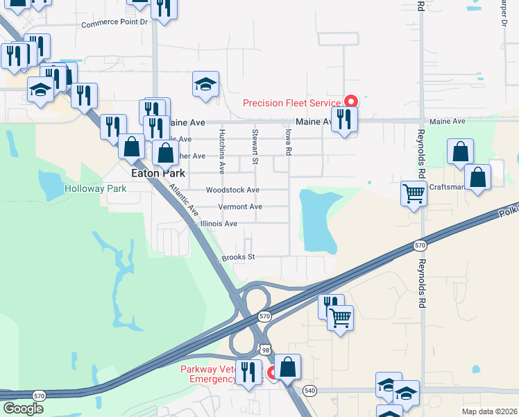 map of restaurants, bars, coffee shops, grocery stores, and more near 3134 Stewart Street in Lakeland