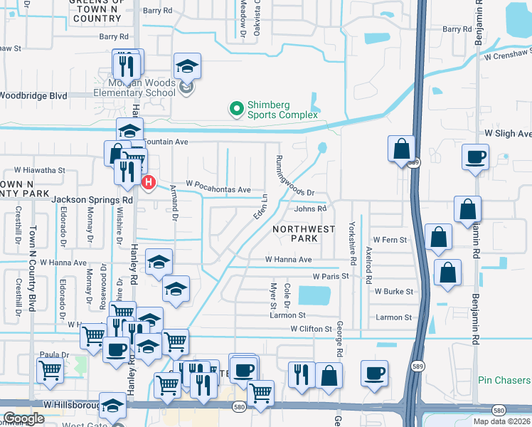 map of restaurants, bars, coffee shops, grocery stores, and more near 6434 Sawyer Road in Tampa