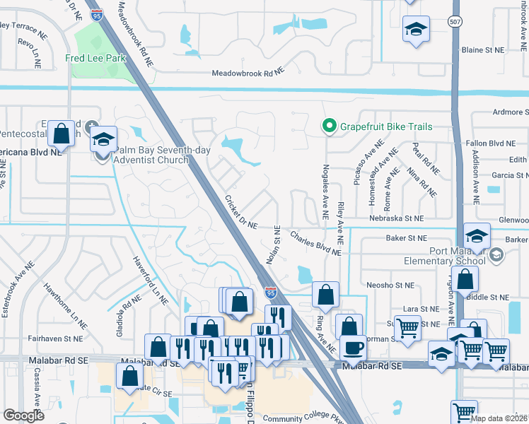 map of restaurants, bars, coffee shops, grocery stores, and more near 439 Ralwood Lane Northeast in Palm Bay