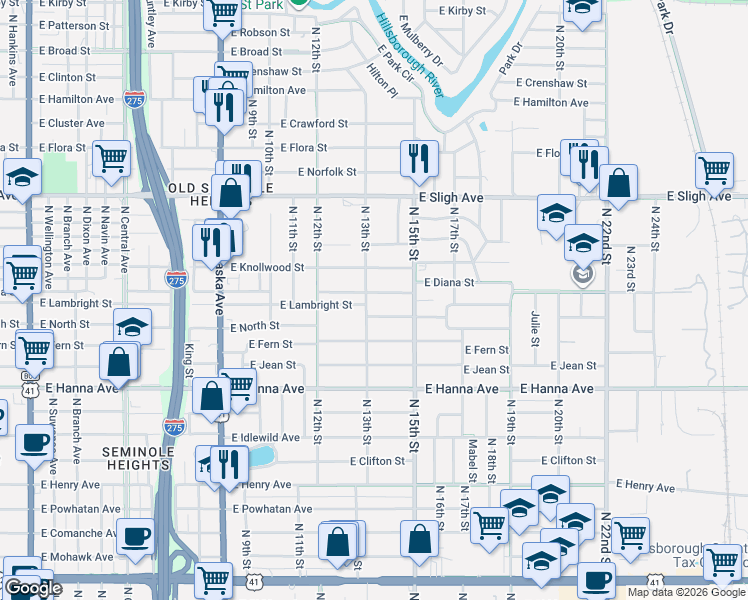 map of restaurants, bars, coffee shops, grocery stores, and more near 1306 East Lambright Street in Tampa