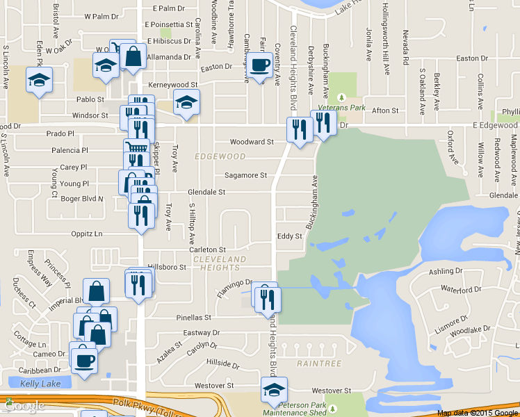 map of restaurants, bars, coffee shops, grocery stores, and more near 713 Glendale Street in Lakeland