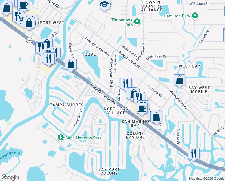 map of restaurants, bars, coffee shops, grocery stores, and more near 6505 West Longboat Boulevard in Tampa