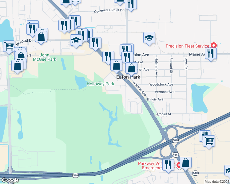 map of restaurants, bars, coffee shops, grocery stores, and more near 2507 Blair Circle South in Lakeland