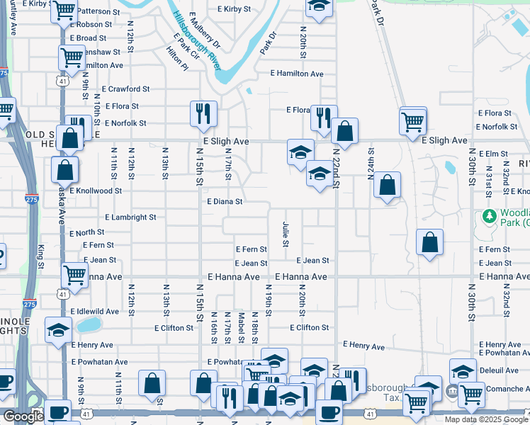 map of restaurants, bars, coffee shops, grocery stores, and more near 6511 North 19th Street in Tampa