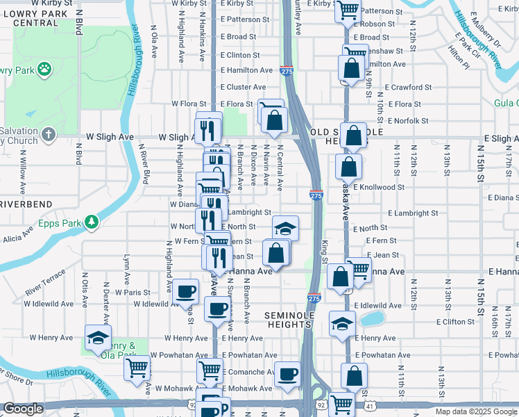 map of restaurants, bars, coffee shops, grocery stores, and more near 311 East Lambright Street in Tampa