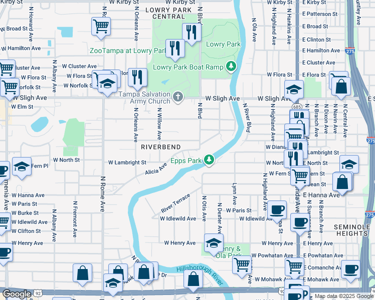 map of restaurants, bars, coffee shops, grocery stores, and more near 6603 North Riviera Manor Drive in Tampa