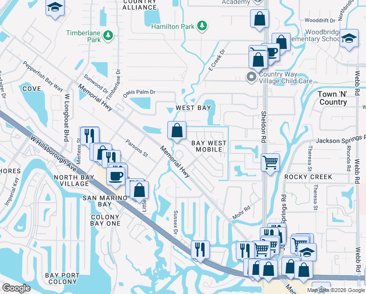 map of restaurants, bars, coffee shops, grocery stores, and more near 212 Shore Parkway in Town 'n' Country