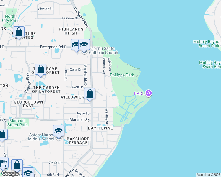 map of restaurants, bars, coffee shops, grocery stores, and more near 2012 Westley Court in Safety Harbor