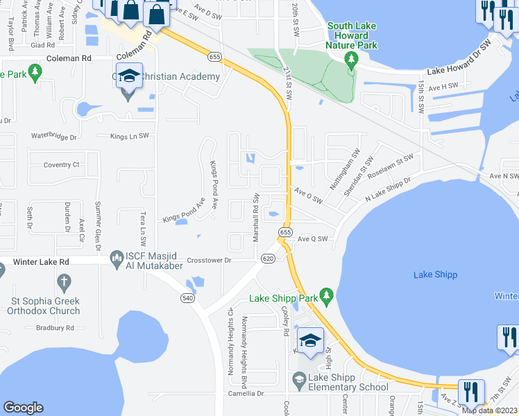 map of restaurants, bars, coffee shops, grocery stores, and more near 903 Evergreen Place Southwest in Winter Haven