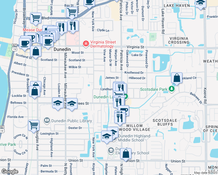 map of restaurants, bars, coffee shops, grocery stores, and more near 508 Manor Drive in Dunedin