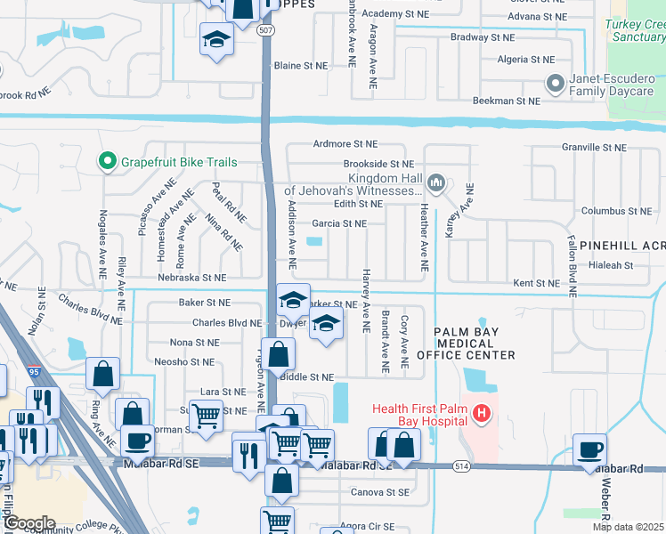 map of restaurants, bars, coffee shops, grocery stores, and more near 1807 Glenwood Street Northeast in Palm Bay