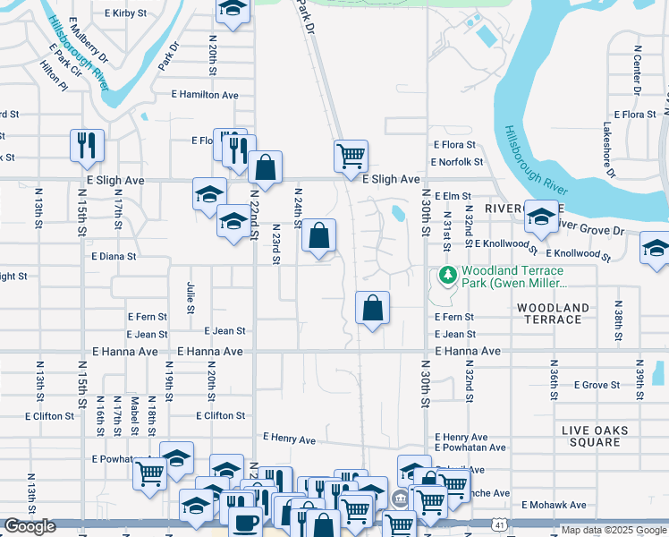 map of restaurants, bars, coffee shops, grocery stores, and more near 2507 East Diana Street in Tampa