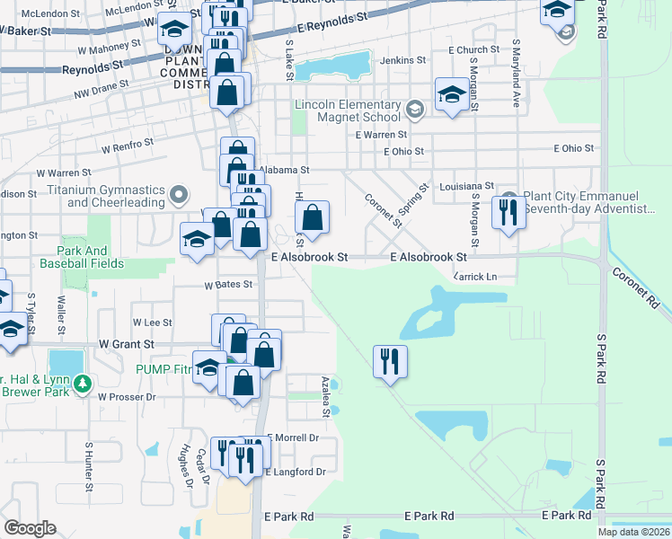 map of restaurants, bars, coffee shops, grocery stores, and more near 809 East Alsobrook Street in Plant City