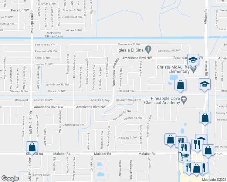 map of restaurants, bars, coffee shops, grocery stores, and more near Americana Boulevard Northwest in Palm Bay