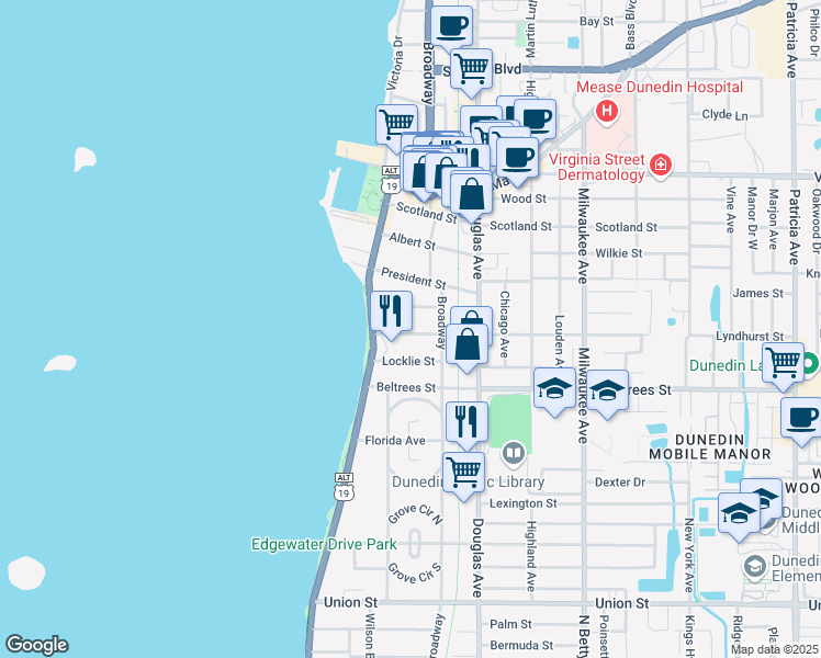 map of restaurants, bars, coffee shops, grocery stores, and more near 240 Lyndhurst Street in Dunedin