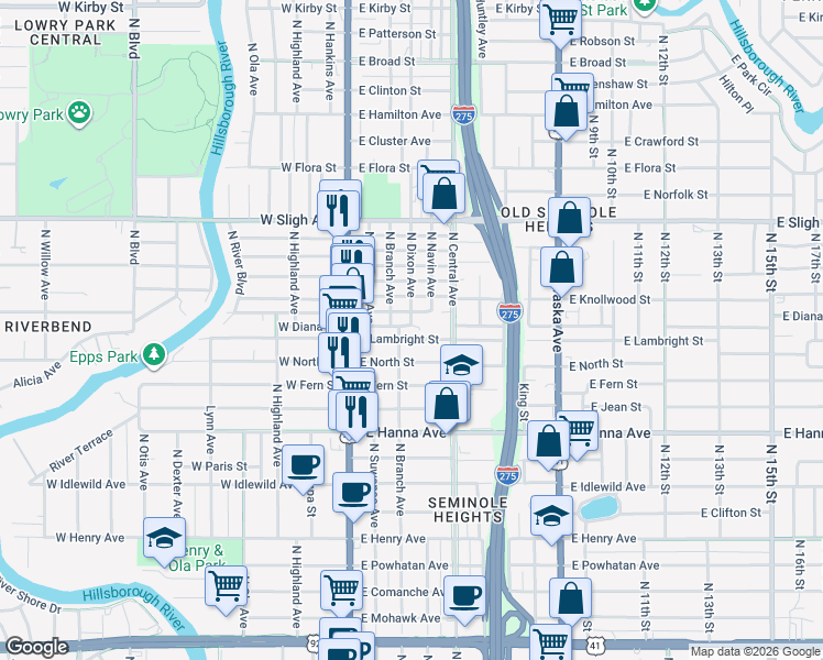 map of restaurants, bars, coffee shops, grocery stores, and more near 311 East Lambright Street in Tampa